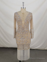 Champagne Tulle Beads Mermaid Short Prom Dress, Champagne Evening Dress